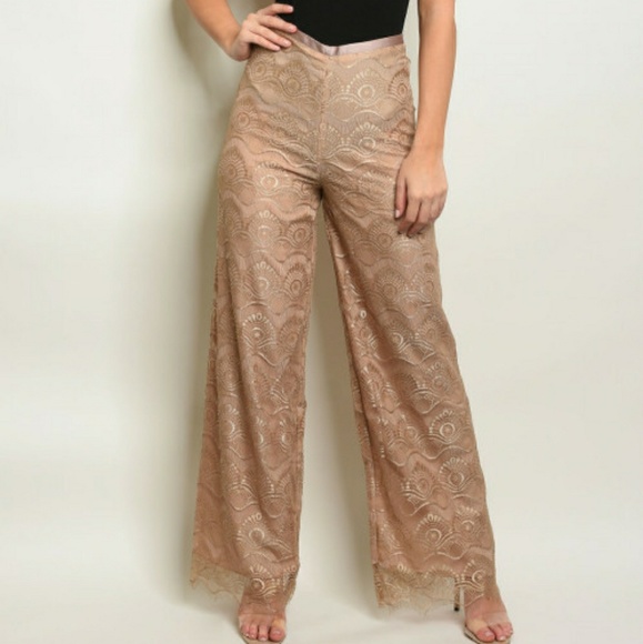 ONTWELFTH Taupe Lace Wide Leg Trousers - Picture 3 of 5